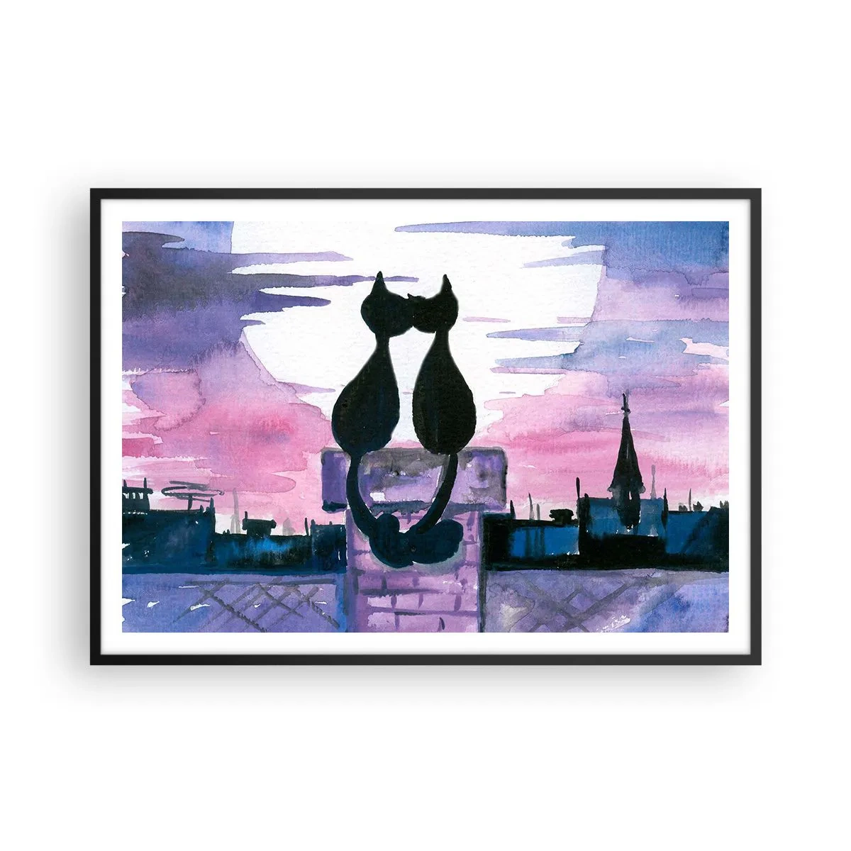 Plakat w czarnej ramie - Czarne koty na dachu w świetle księżyca w akwarelowej scenerii - 100x70cm - Rendez-vous pod księżycem - Nowoczesna dekoracja ścienna do salonu i sypialni ARTTOR