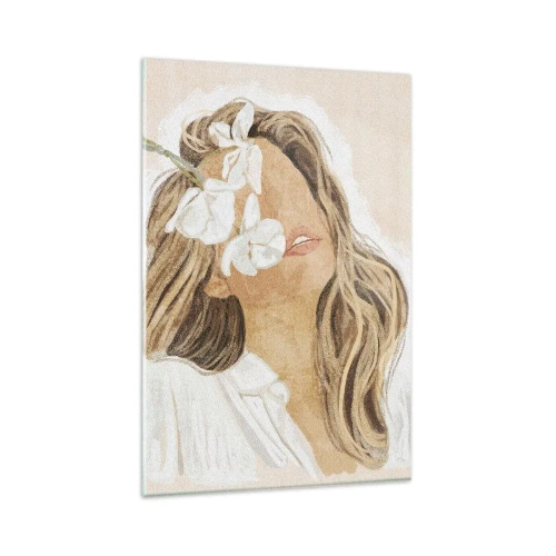 Obraz na szkle - Delikatna kobieca sylwetka z kwiatami w naturalnych odcieniach - 80x120cm - Wśród kwiatów w uniesieniu - Nowoczesna dekoracja ścienna do salonu i sypialni ARTTOR