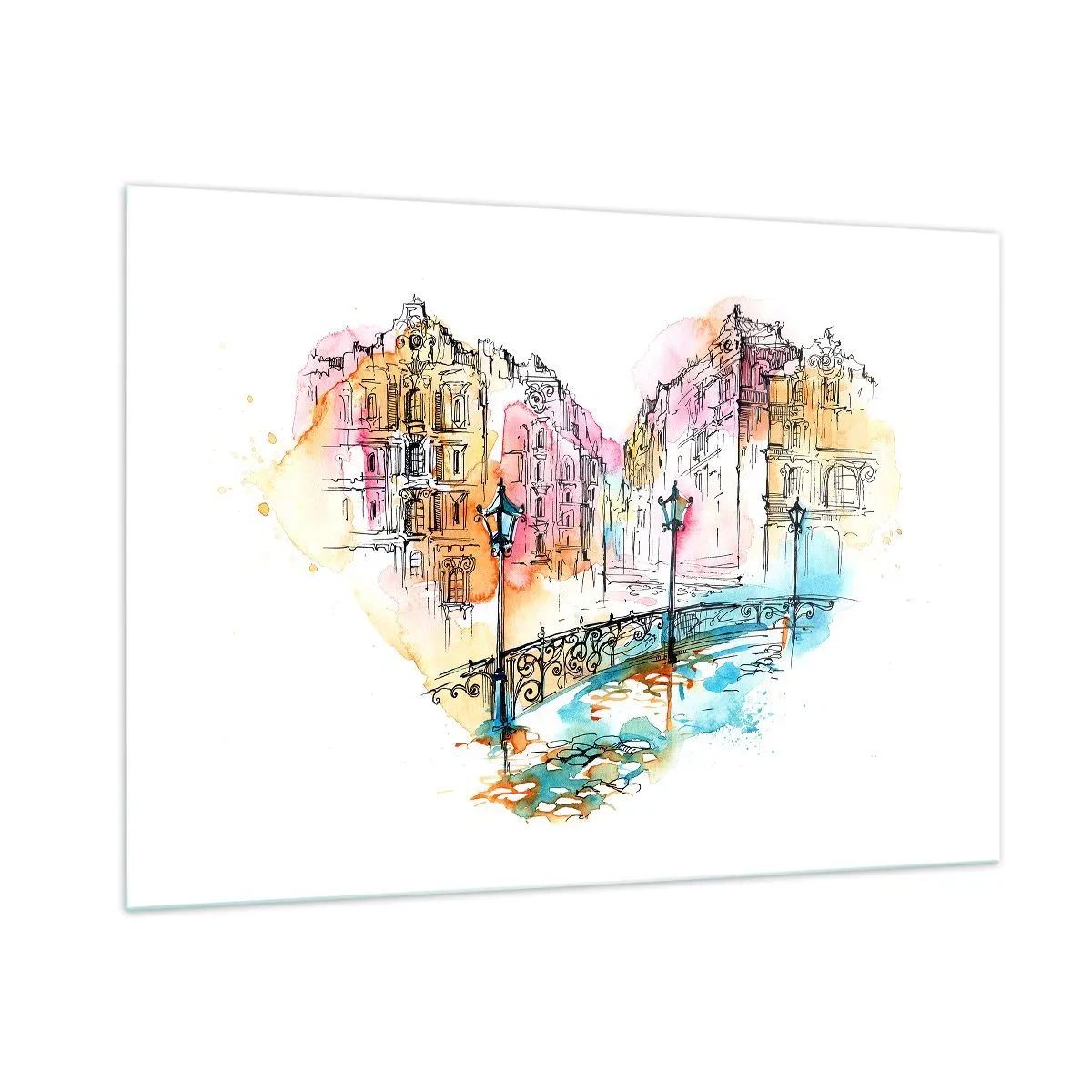 Obraz na szkle - Romantyczne kamienice z mostem w kształcie serca, akwarela - 100x70cm - Serce miasta - Nowoczesna dekoracja ścienna do salonu, kuchni i sypialni ARTTOR