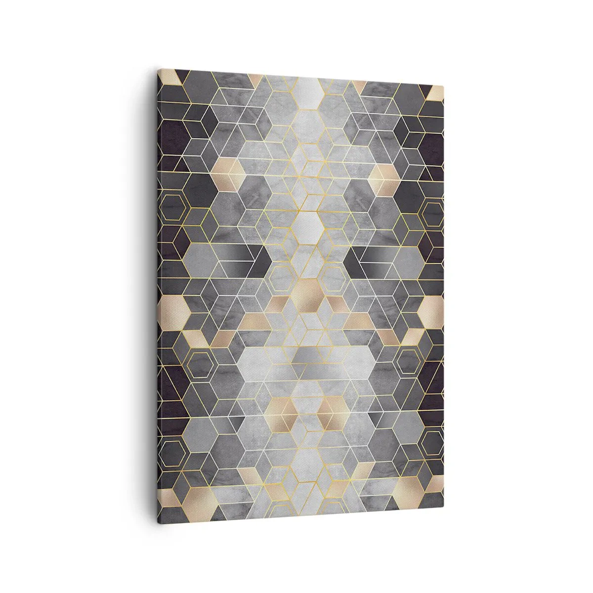 Obraz na płótnie - Geometryczny wzór z heksagonami w odcieniach szarości, złota i beżu - 50x70cm - Diamentowa kompozycja - Nowoczesna dekoracja ścienna do salonu, kuchni i sypialni ARTTOR