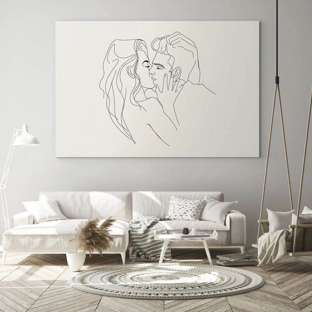 Obraz na szkle - Zmysłowy pocałunek pary w konturze linii - 70x50cm - Splątani uczuciem - Nowoczesna dekoracja ścienna do salonu i sypialni ARTTOR