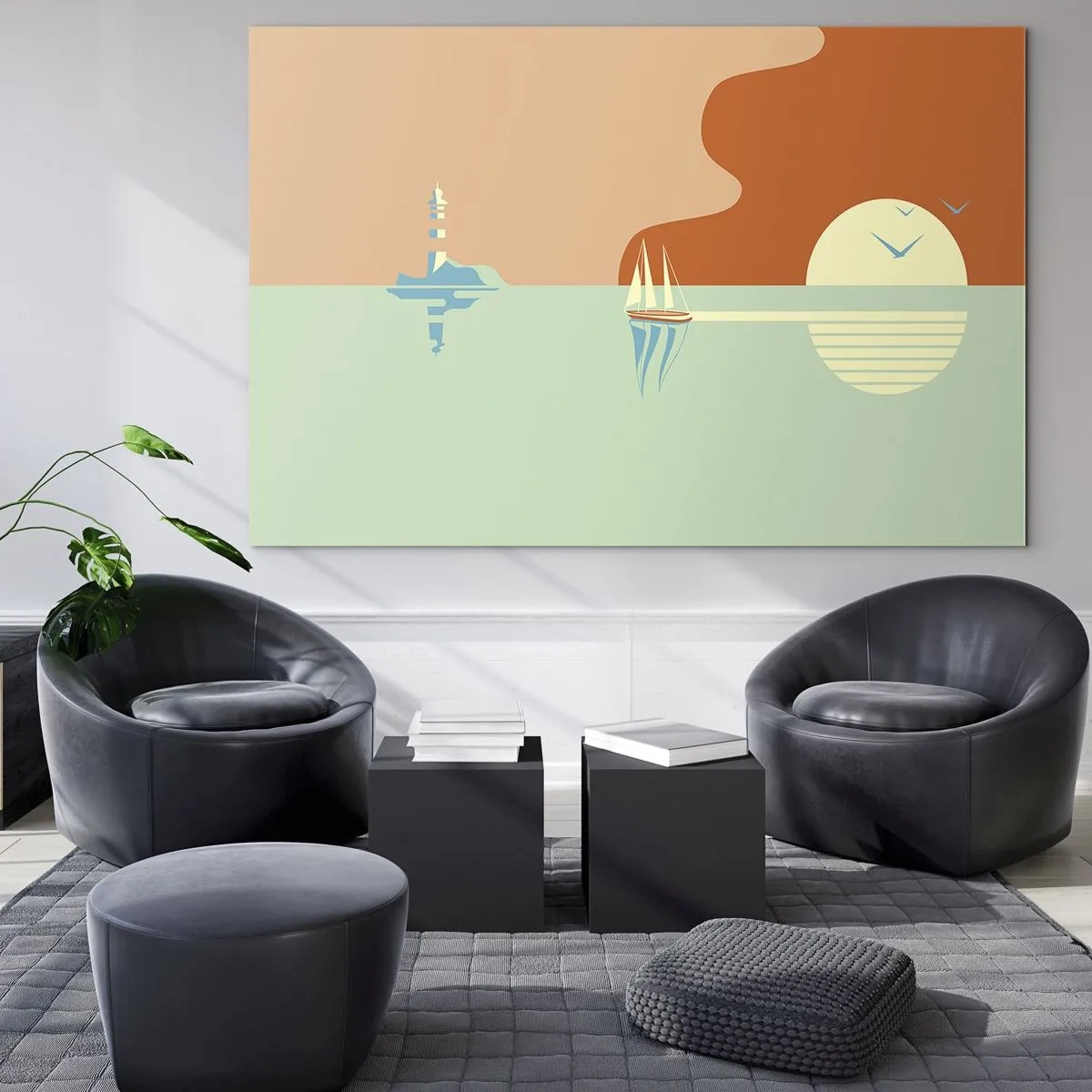 Obraz na szkle - Minimalistyczny zachód słońca z żaglówką i latarnią - 70x50cm - Morski pejzaż idealny - Nowoczesna dekoracja ścienna do salonu i sypialni ARTTOR