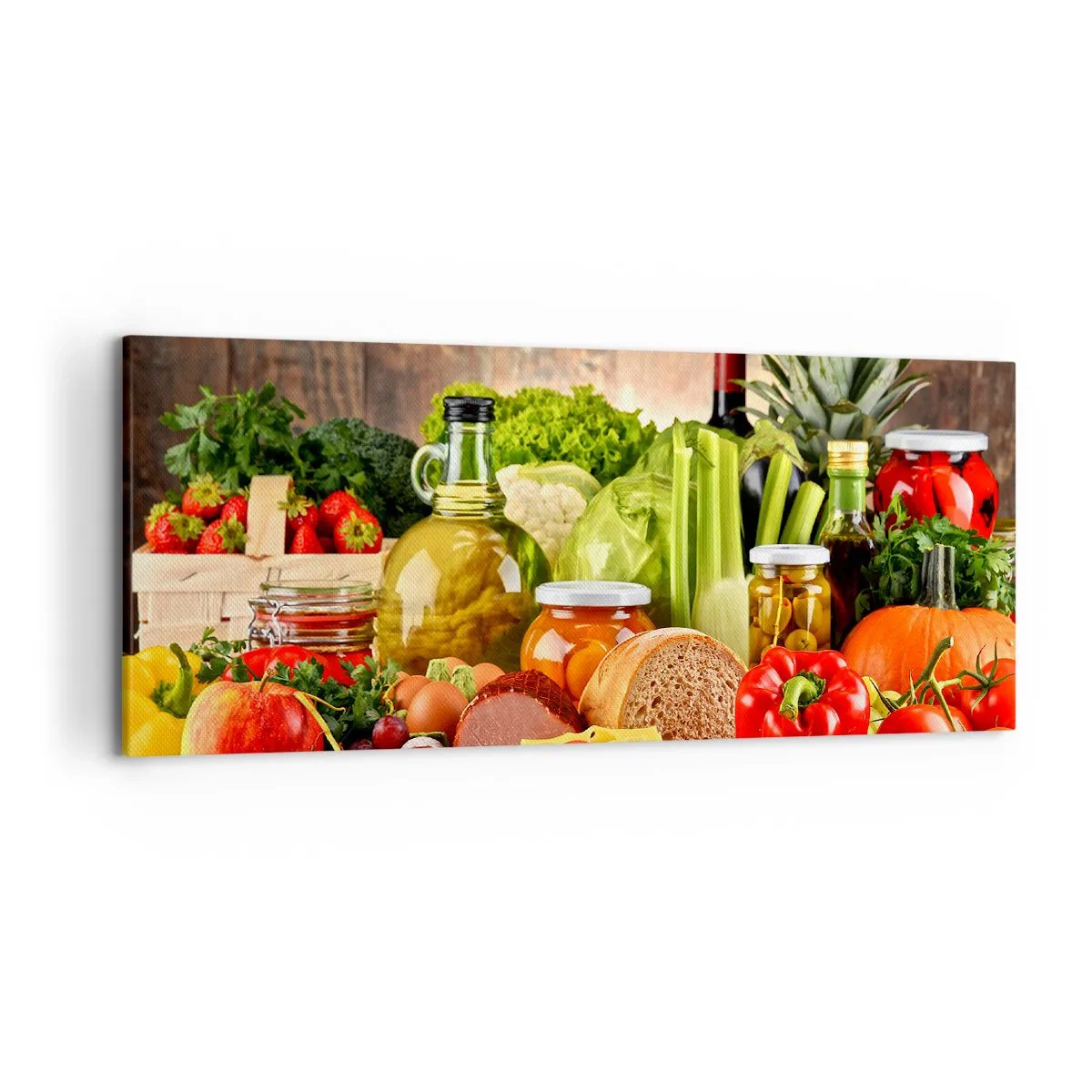 Obraz na płótnie - Kolorowe owoce, warzywa i produkty spożywcze - 120x50cm - Wędzone, pieczone, marynowane - Nowoczesna dekoracja ścienna do salonu i sypialni ARTTOR