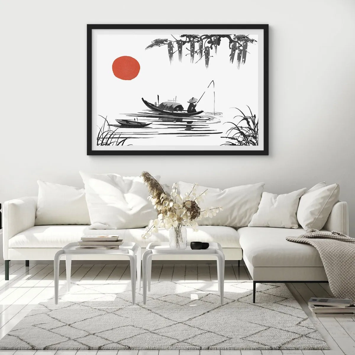 Plakat w czarnej ramie - Orientalny krajobraz z rybakiem na łodzi i czerwonym słońcem - 70x50cm - Azjatyckie popołudnie - Nowoczesna dekoracja ścienna do salonu i sypialni ARTTOR