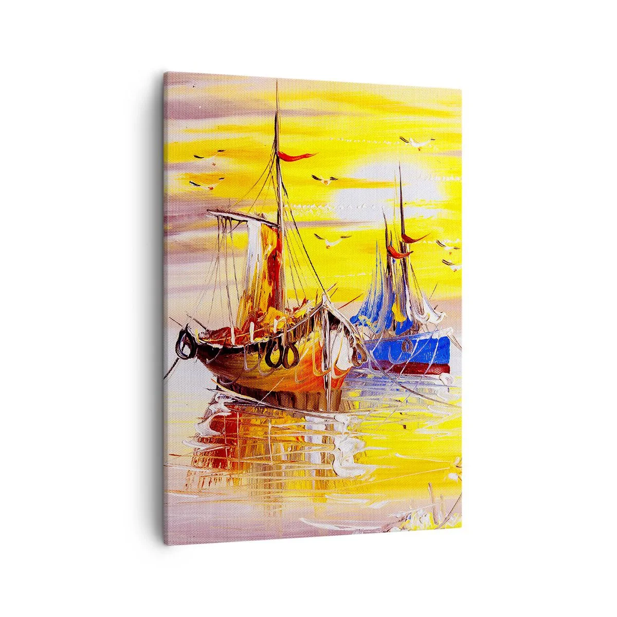 Obraz na płótnie - Żółty zachód słońca z łodziami na wodzie - 50x70cm - Zasłużony odpoczynek w porcie - Nowoczesna dekoracja ścienna do salonu, kuchni i sypialni ARTTOR