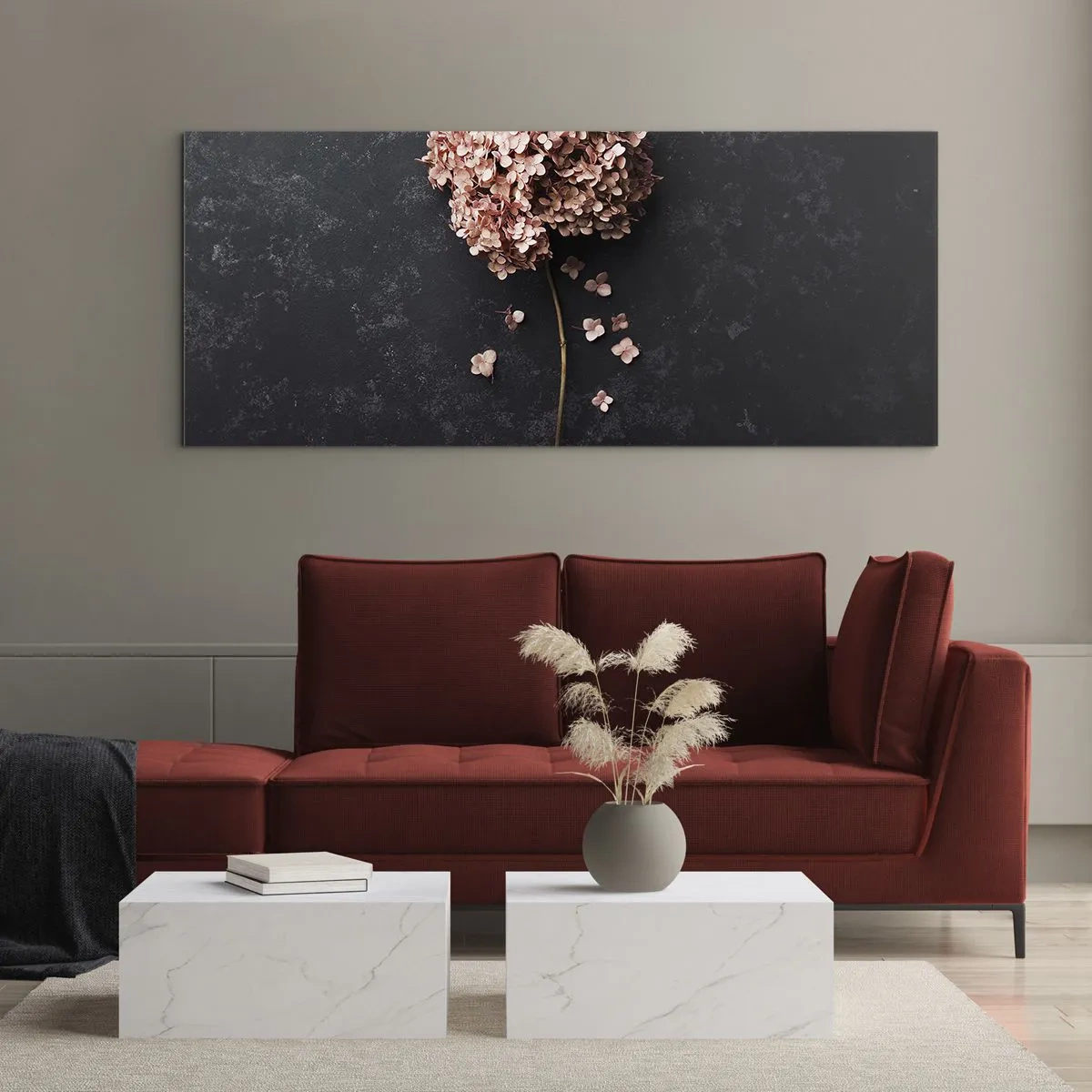 Obraz na szkle - Delikatny kwiat hortensji na ciemnym tle - 160x50cm - Prawdziwie romantyczny znak - Nowoczesna dekoracja ścienna do salonu i sypialni ARTTOR