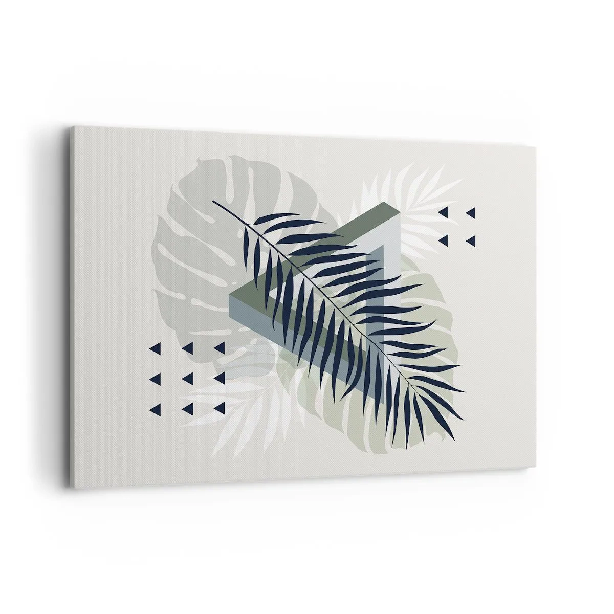 Obraz na płótnie - Geometryczna kompozycja z tropikalnymi liśćmi w odcieniach zieleni - 100x70cm - Natura i geometria – dwa porządki? - Nowoczesna dekoracja ścienna do salonu, kuchni i sypialni ARTTOR