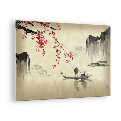 Obraz na szkle - Orientalna scena rybacka z gałęzią kwitnącej wiśni i górami - 70x50cm - W kraju kwitnącej wiśni - Nowoczesna dekoracja ścienna do salonu i sypialni ARTTOR