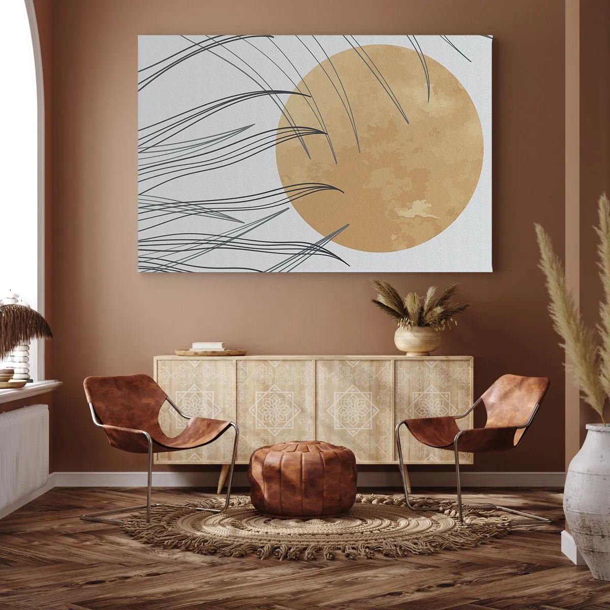 Obraz na płótnie - Abstrakcyjne źdźbła traw na tle dużego pomarańczowego słońca - 70x50cm - Zawsze ku słońcu - Nowoczesna dekoracja ścienna do salonu i sypialni ARTTOR