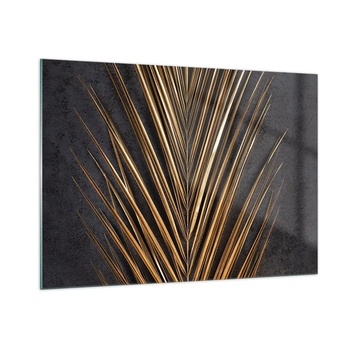 Obraz na szkle - Złoty liść palmowy na ciemnym tle - 100x70cm - Złoto tropików - Nowoczesna dekoracja ścienna do salonu, kuchni i sypialni ARTTOR