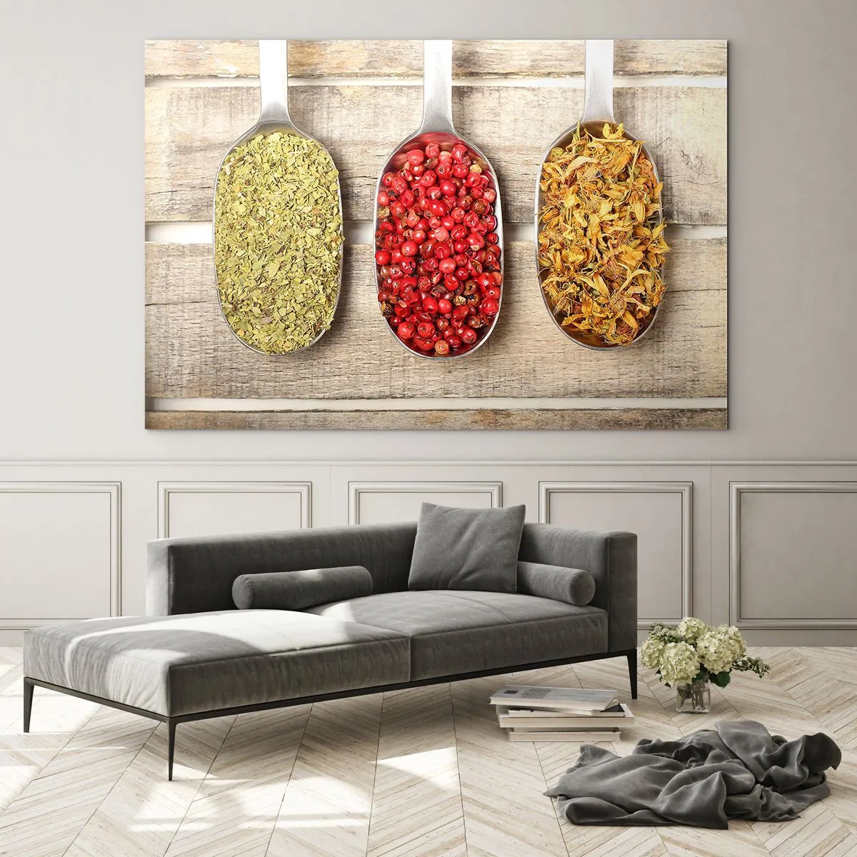 Obraz na szkle - Trzy łyżki z przyprawami na drewnianym tle w stylu rustykalnym - 70x50cm - Kuchenna magia - Nowoczesna dekoracja ścienna do salonu i sypialni ARTTOR