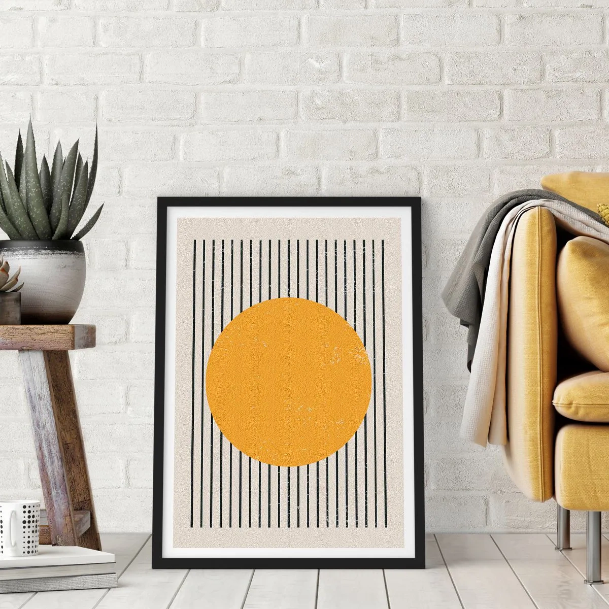 Plakat w czarnej ramie - Geometryczna kompozycja z pomarańczowym kołem i liniami - 50x70cm - Siła prostoty - Nowoczesna dekoracja ścienna do salonu i sypialni ARTTOR