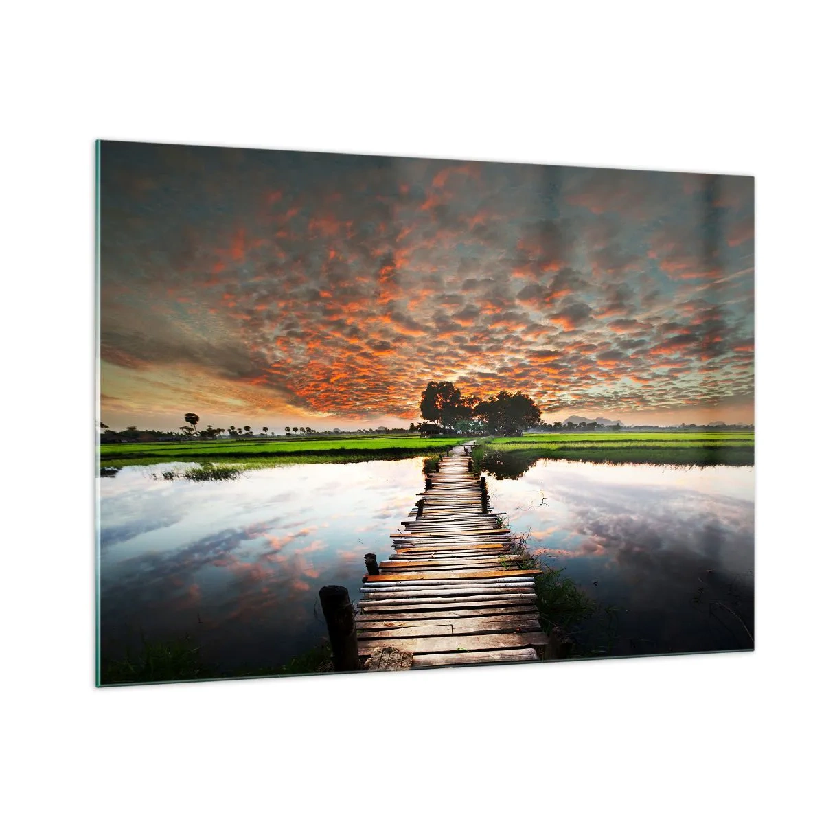 Obraz na szkle - Drewniany mostek nad rzeką przy zachodzie słońca - 100x70cm - Rozłóż ramiona - oddychaj  - Nowoczesna dekoracja ścienna do salonu, kuchni i sypialni ARTTOR
