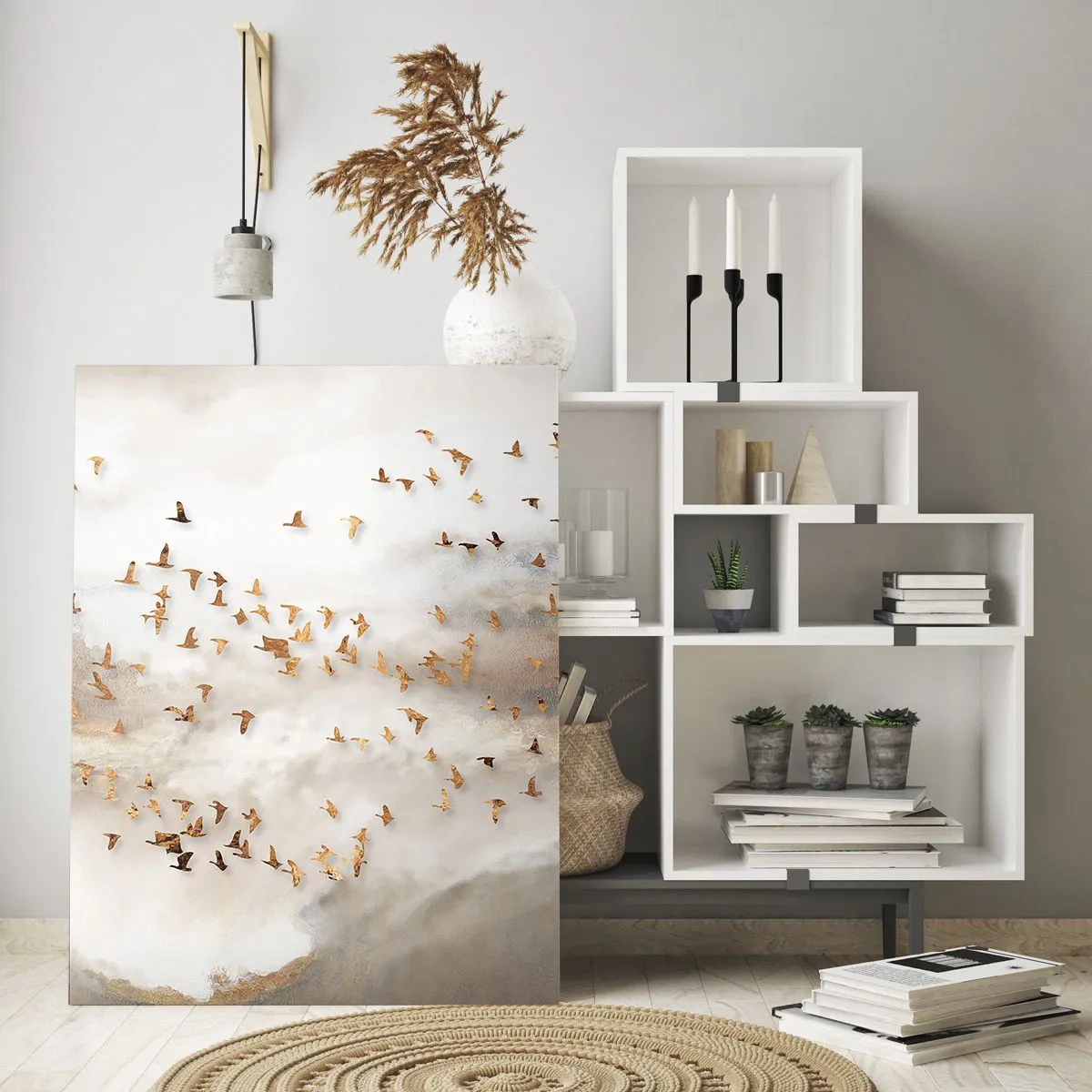 Obraz na szkle - Złote ptaki na tle mglistych gór - 80x120cm - Już czas… - Nowoczesna dekoracja ścienna do salonu i sypialni ARTTOR