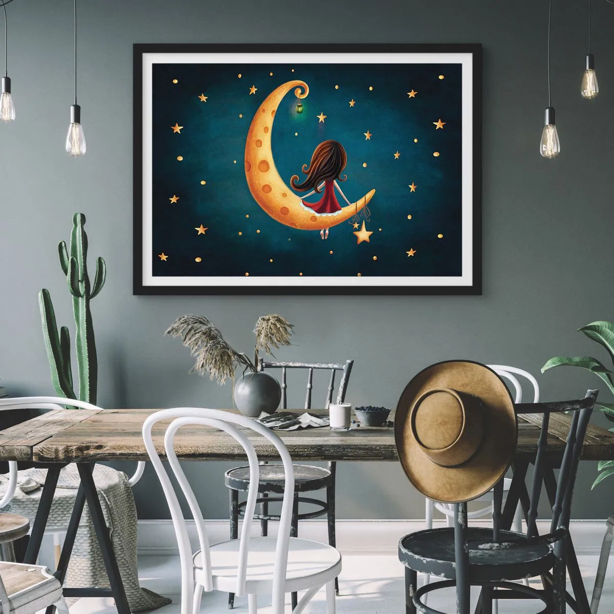Plakat w czarnej ramie - Dziewczynka na księżycu w otoczeniu gwiazd - 70x50cm - Pewnego razu… - Nowoczesna dekoracja ścienna do salonu i sypialni ARTTOR