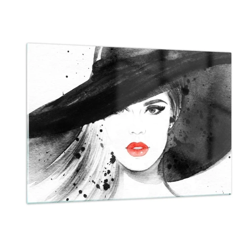 Obraz na szkle - Portret kobiety w czarnym kapeluszu z czerwonymi ustami - 120x80cm - Dama w czerni - Nowoczesna dekoracja ścienna do salonu, kuchni i sypialni ARTTOR