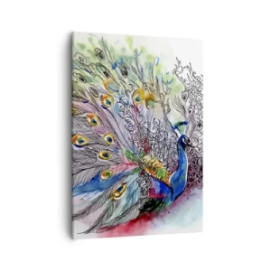 Obraz na płótnie - Kolorowy paw w artystycznej akwarelowej kompozycji - 50x70cm - Z dumą przeciw szarości  - Nowoczesna dekoracja ścienna do salonu, kuchni i sypialni ARTTOR