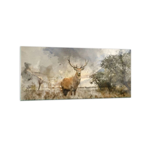 Obraz na szkle - Jeleń w naturalnym otoczeniu w akwarelowym stylu - 120x50cm - Godność - siła - dostojeństwo - Nowoczesna dekoracja ścienna do salonu i sypialni ARTTOR