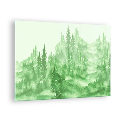 Obraz na szkle - Zielony las w akwarelowym stylu - 70x50cm - Rozmyty zieloną mgłą - Nowoczesna dekoracja ścienna do salonu i sypialni ARTTOR