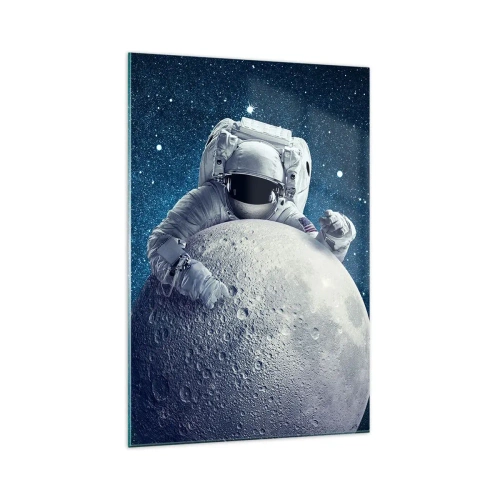 Obraz na szkle - Astronauta trzymający księżyc na tle rozgwieżdżonego nieba - 70x100cm - Kosmiczny żartowniś - Nowoczesna dekoracja ścienna do salonu i sypialni ARTTOR