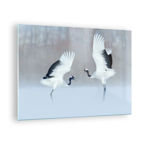 Obraz na szkle - Tańczące żurawie na tle zimowego krajobrazu - 70x50cm - Taniec we mgle - Nowoczesna dekoracja ścienna do salonu i sypialni ARTTOR