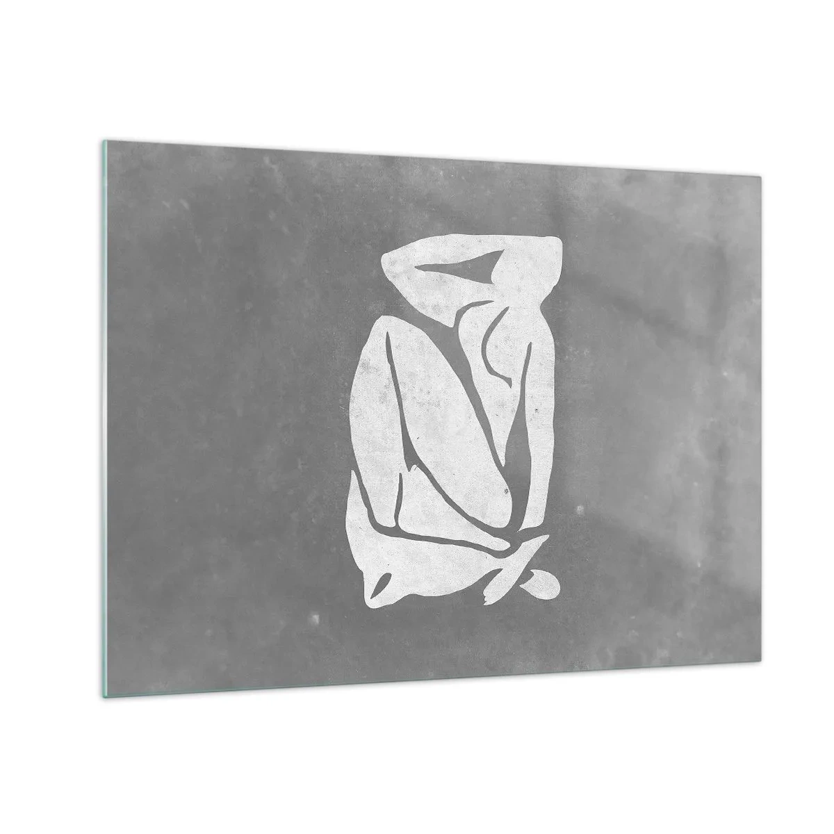 Obraz na szkle - Minimalistyczna sylwetka kobiety na szarym tle - 70x50cm - W zamyśleniu - Nowoczesna dekoracja ścienna do salonu i sypialni ARTTOR