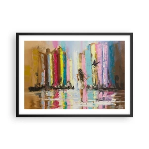 Plakat w czarnej ramie - Kolorowe miasto i kobieta w białej sukni z ptakiem - 70x50cm - Idż za mną - Nowoczesna dekoracja ścienna do salonu i sypialni ARTTOR