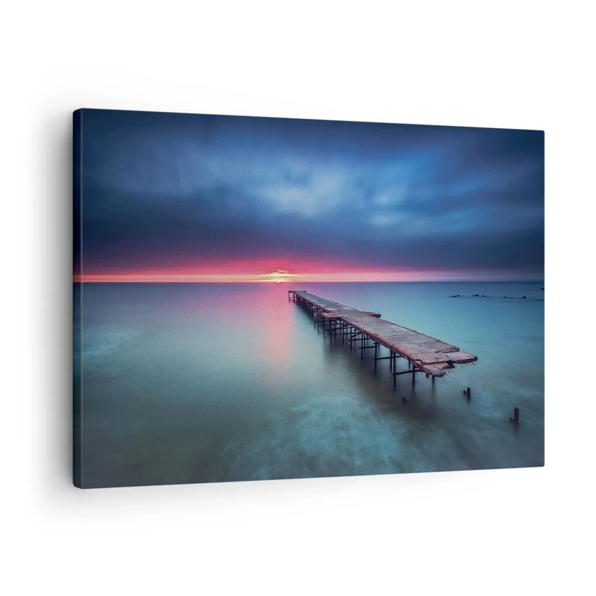 Obraz na płótnie - Drewniane molo prowadzące wprost na morze o zachodzie słońca - 70x50cm - Między niebem a ziemią - Nowoczesna dekoracja ścienna do salonu i sypialni ARTTOR