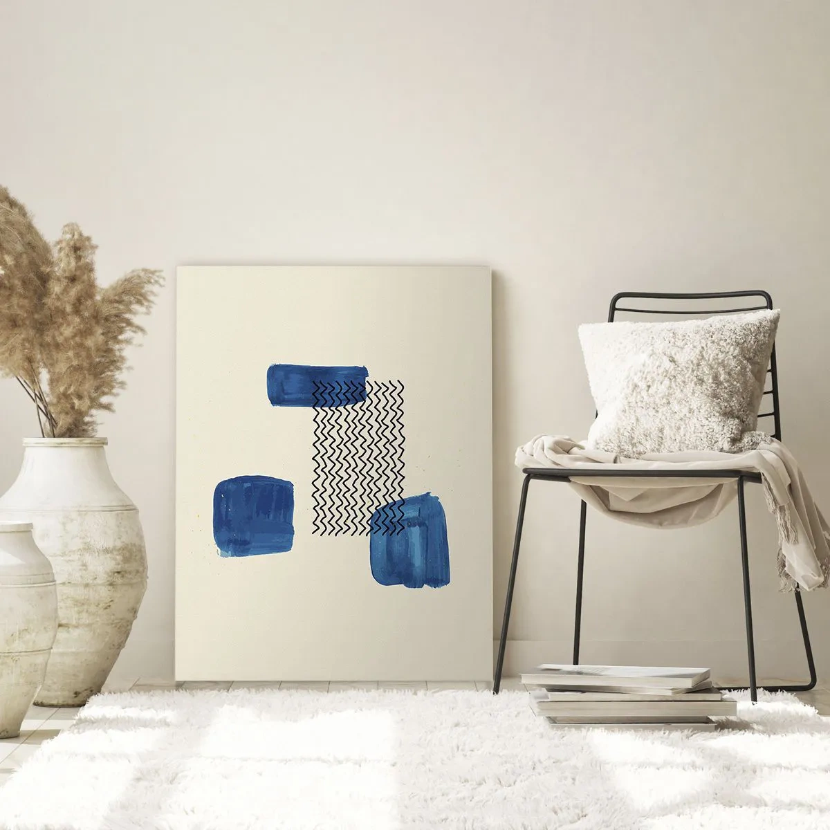 Obraz na szkle - Abstrakcyjna kompozycja z niebieskimi plamami i falistymi liniami - 70x100cm - Abstrakcyjny kwartet - Nowoczesna dekoracja ścienna do salonu i sypialni ARTTOR