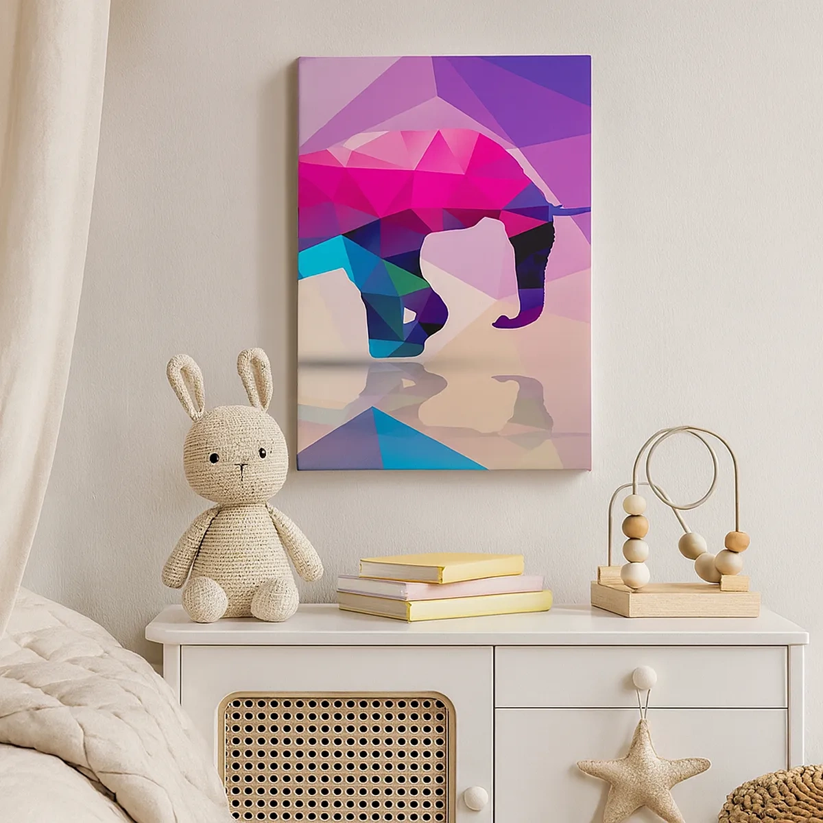 Obraz na płótnie - Geometryczny słoń w abstrakcyjnej kolorystyce - 50x70cm - Kryształowy dinozaur - Nowoczesna dekoracja ścienna do salonu, kuchni i sypialni ARTTOR