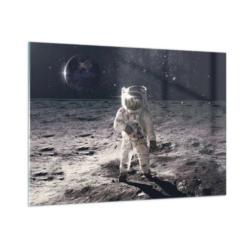 Obraz na szkle - Astronauta na powierzchni Księżyca z Ziemią w tle - 100x70cm - Pozdrowienia z Księżyca - Nowoczesna dekoracja ścienna do salonu, kuchni i sypialni ARTTOR