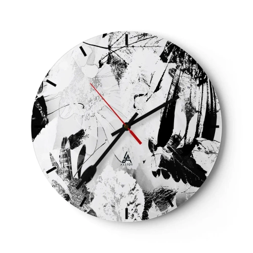 Zegar ścienny - Czarno-biały wzór kwiatów i liści w artystycznym stylu - 30x30cm - Jesień w negatywie - Nowoczesna dekoracja ścienna do salonu, kuchni i sypialni ARTTOR