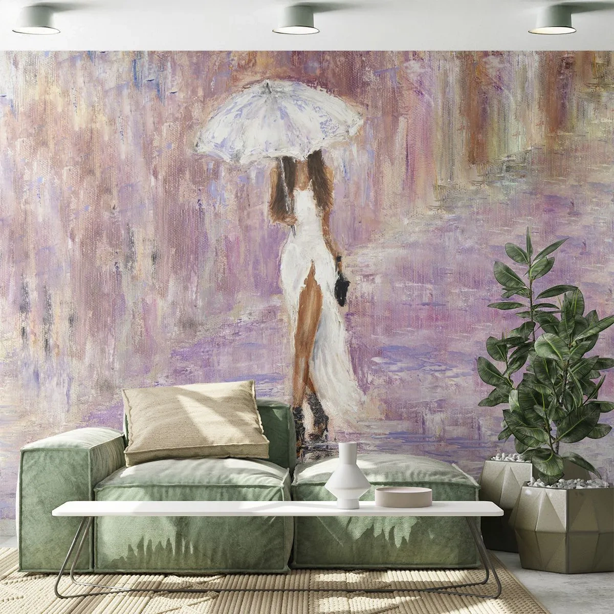 Fototapeta Samoprzylepna Deluxe Sticker - W liliowym deszczu - Kobieta, Moda, Spacer W Deszczu - 250x175 cm