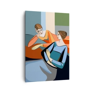 Obraz na płótnie - Abstrakcyjna ilustracja dwóch kobiet w stylu kubistycznym - 70x100cm - Chwila zwierzeń - Nowoczesna dekoracja ścienna do salonu i sypialni ARTTOR