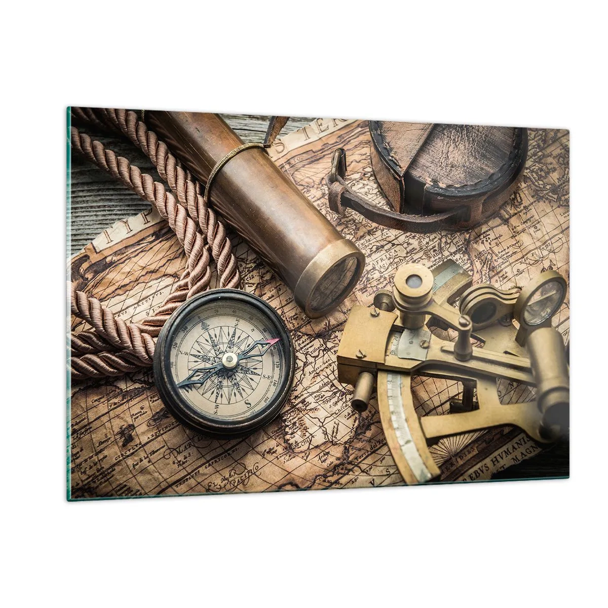 Obraz na szkle - Kompas, mapa i przyrządy nawigacyjne w stylu retro - 120x80cm - Wyznacz kurs - Nowoczesna dekoracja ścienna do salonu, kuchni i sypialni ARTTOR