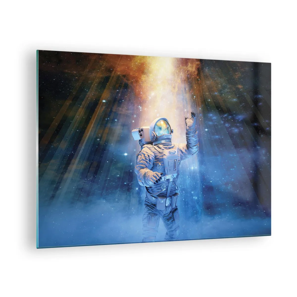 Obraz na szkle - Astronauta w kosmosie oświetlony promieniami światła - 70x50cm - Wreszcie u celu - Nowoczesna dekoracja ścienna do salonu i sypialni ARTTOR