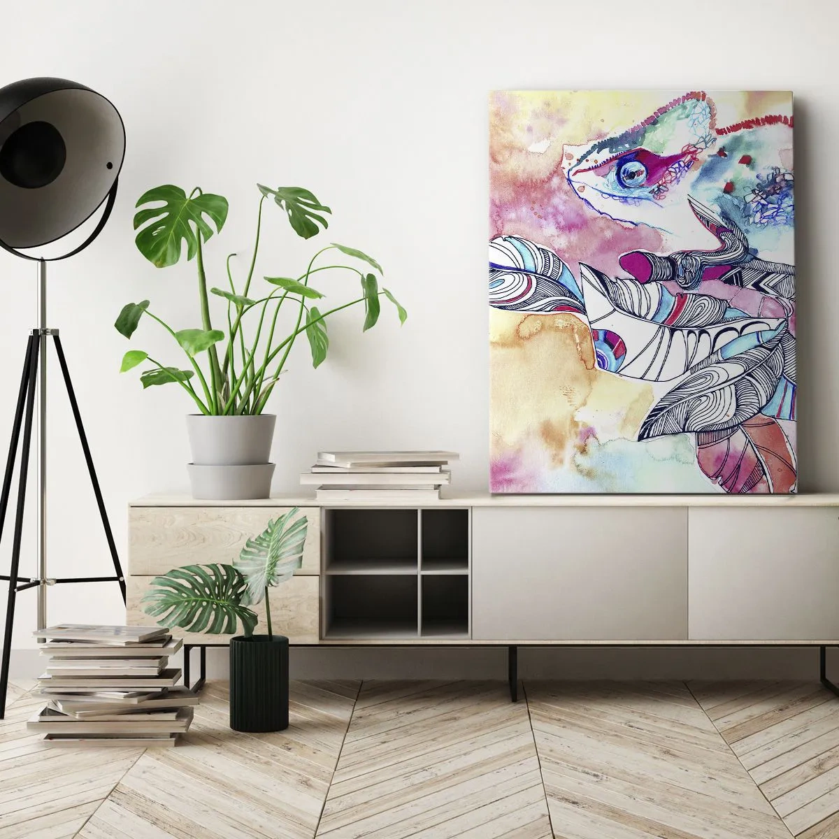 Obraz na płótnie - Kolorowa akwarela kameleona z abstrakcyjnymi wzorami i liśćmi - 50x70cm - Kolorowy jak nasz świat - Nowoczesna dekoracja ścienna do salonu, kuchni i sypialni ARTTOR