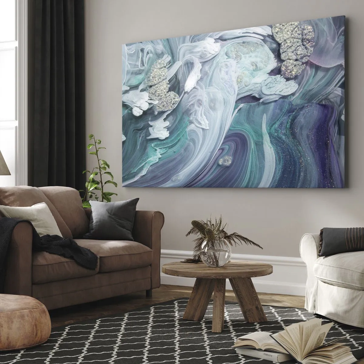 Obraz na płótnie - Abstrakcyjne wiry w odcieniach błękitu i bieli - 70x50cm - Nurty błękitu - Nowoczesna dekoracja ścienna do salonu i sypialni ARTTOR