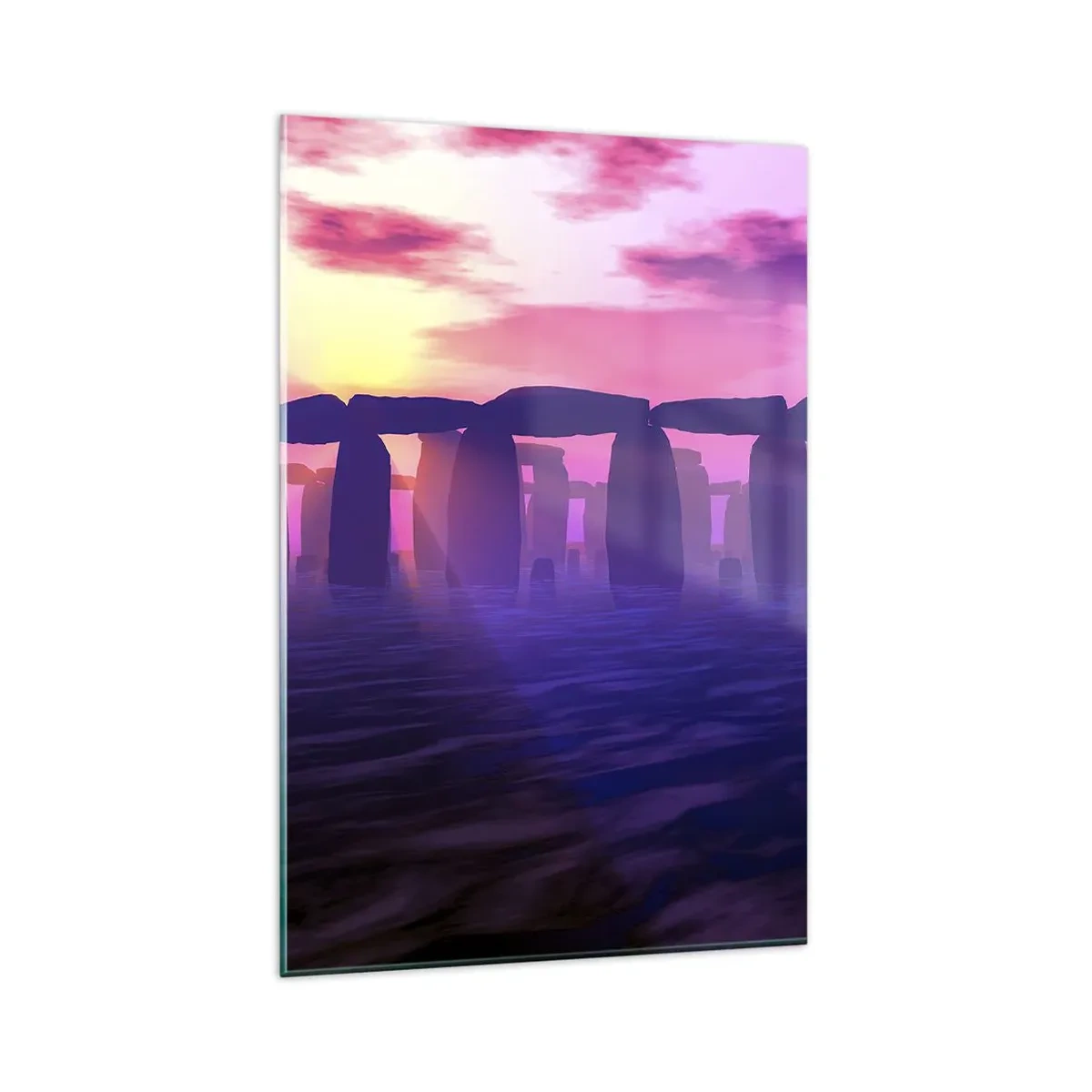 Obraz na szkle - Kamienny krąg o zachodzie słońca z fioletowym niebem - 80x120cm - Tajemnica o świcie we mgle - Nowoczesna dekoracja ścienna do salonu i sypialni ARTTOR