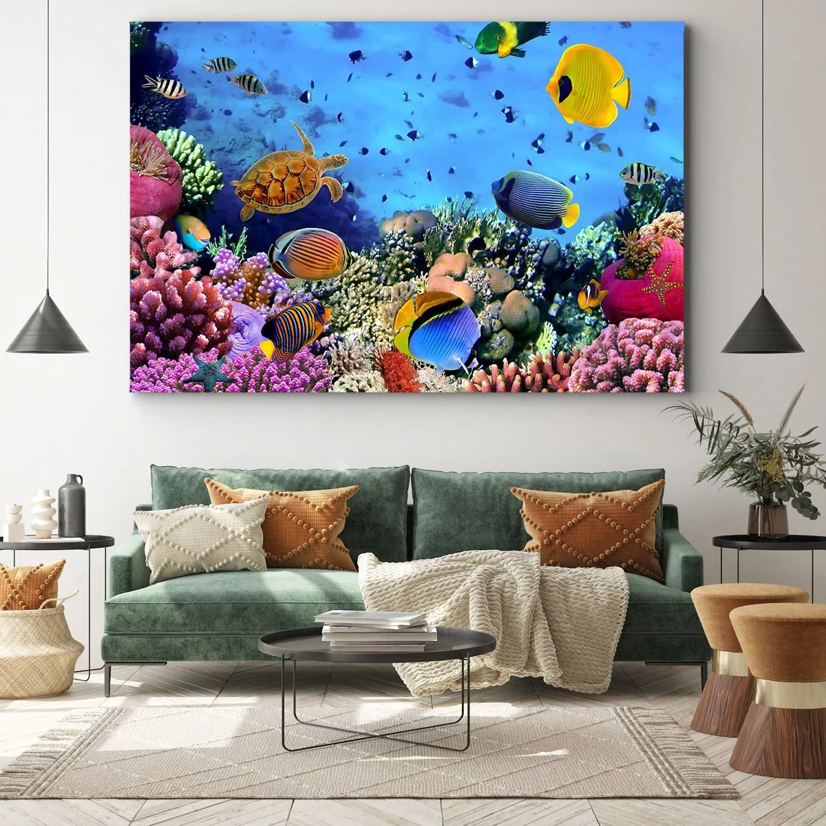Obraz na płótnie - Rafa koralowa z kolorowymi rybami i żółwiem morską - 70x50cm - I co my wiemy o życiu... - Nowoczesna dekoracja ścienna do salonu i sypialni ARTTOR