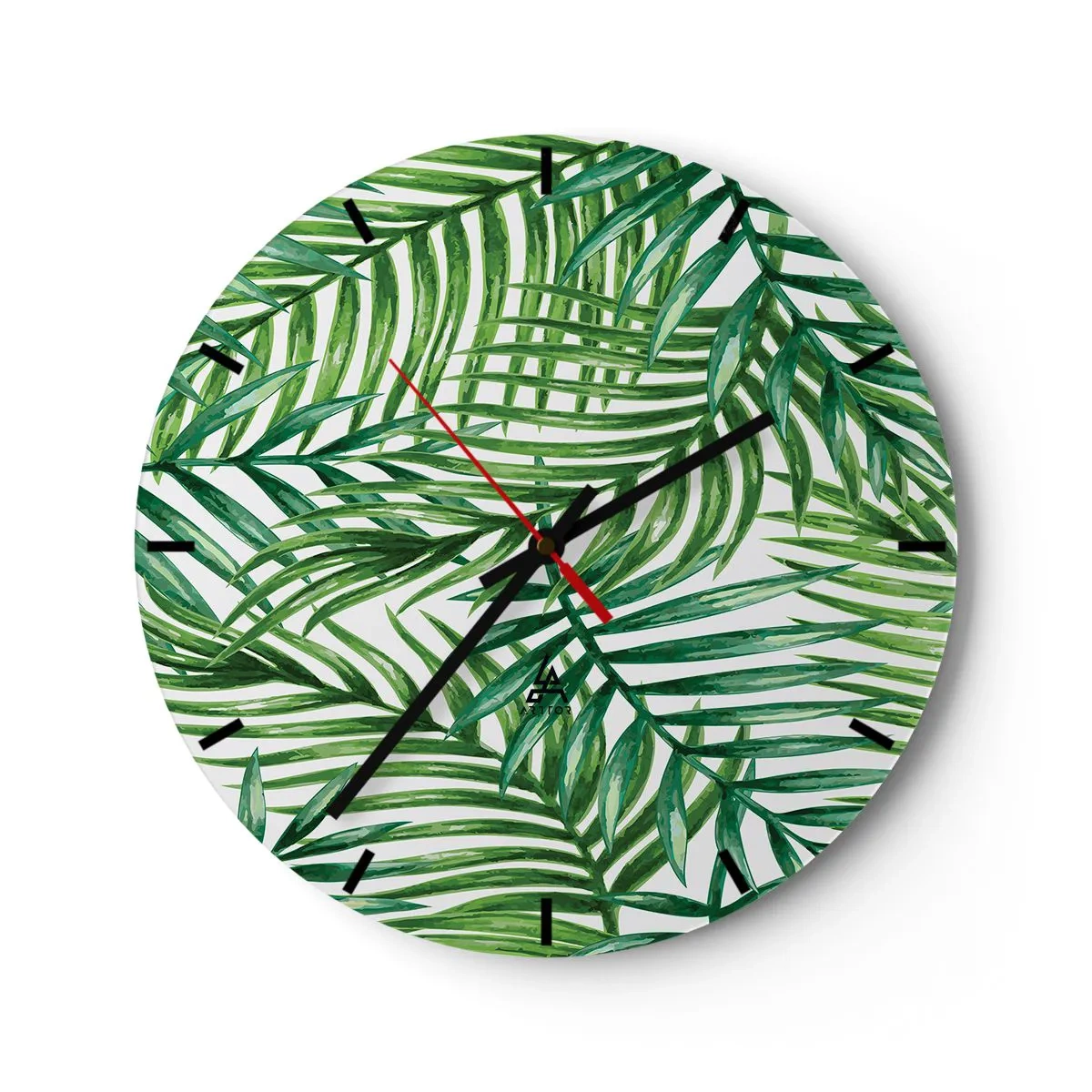 Zegar ścienny - Zielone liście palmy ułożone w gęstą kompozycję - 30x30cm - Pod zielonym baldachimem - Nowoczesna dekoracja ścienna do salonu, kuchni i sypialni ARTTOR