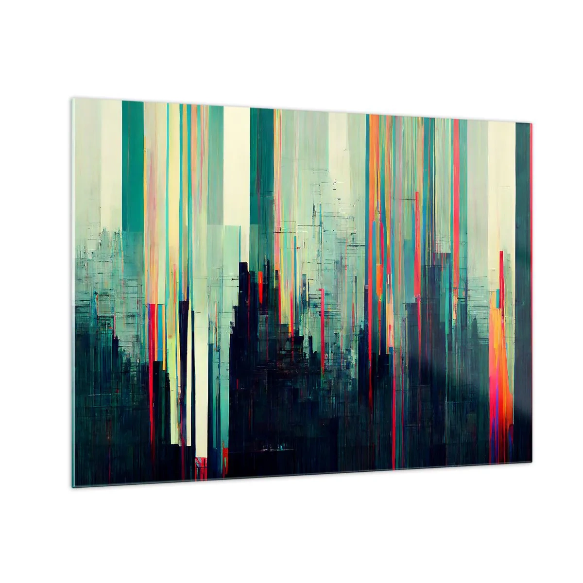 Obraz na szkle - Pionowe kolorowe linie tworzące zarys futurystycznej metropolii - 70x50cm - Futurystyczne miasto - Nowoczesna dekoracja ścienna do salonu i sypialni ARTTOR