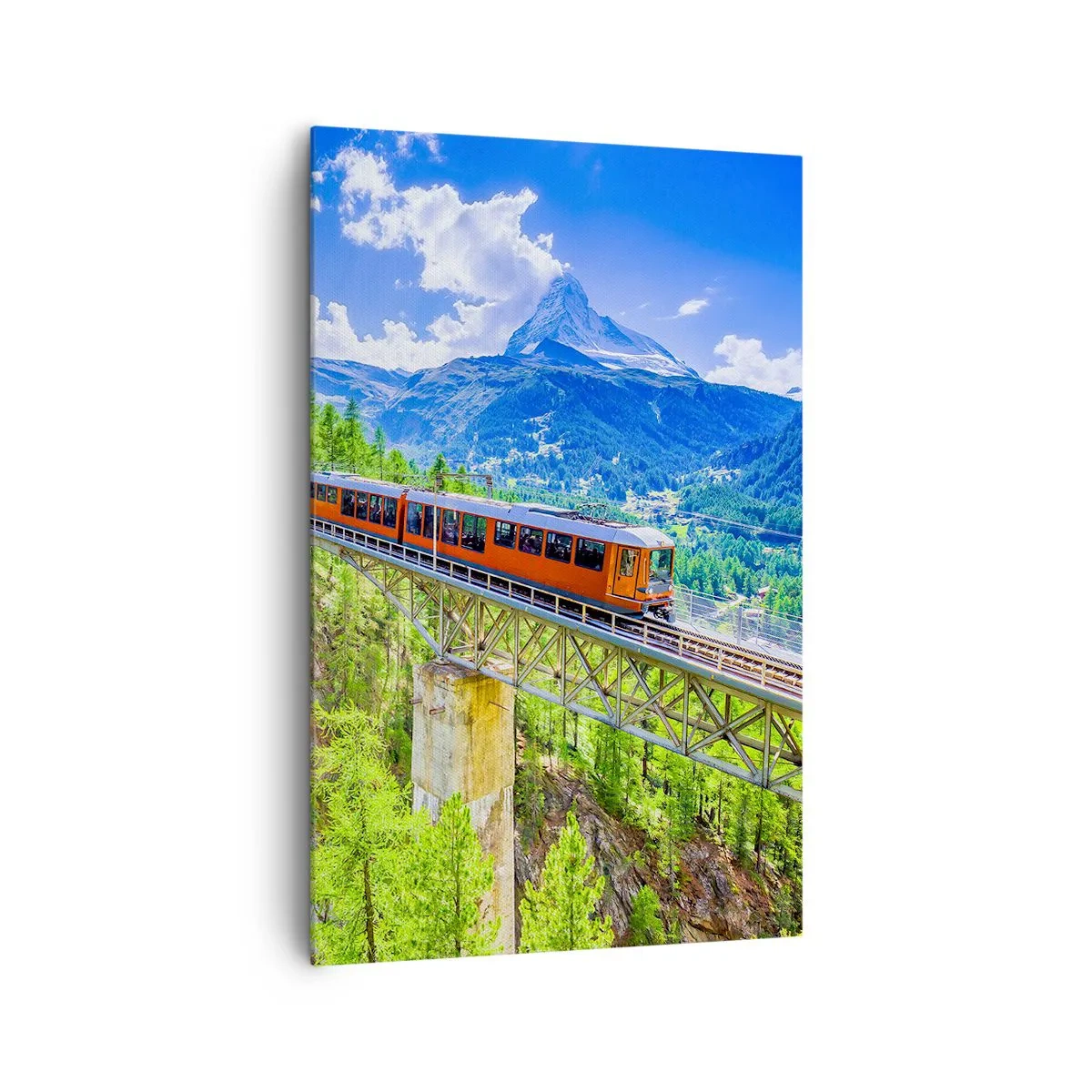 Obraz na płótnie - Górska kolejka na moście z widokiem na wodospad i góry - 80x120cm - Kolej na Alpy - Nowoczesna dekoracja ścienna do salonu i sypialni ARTTOR