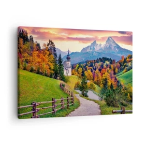 Obraz na płótnie - Jesienna górska sceneria z kapliczką i zachodem słońca - 70x50cm - Pejzaż jak malowanie - Nowoczesna dekoracja ścienna do salonu i sypialni ARTTOR
