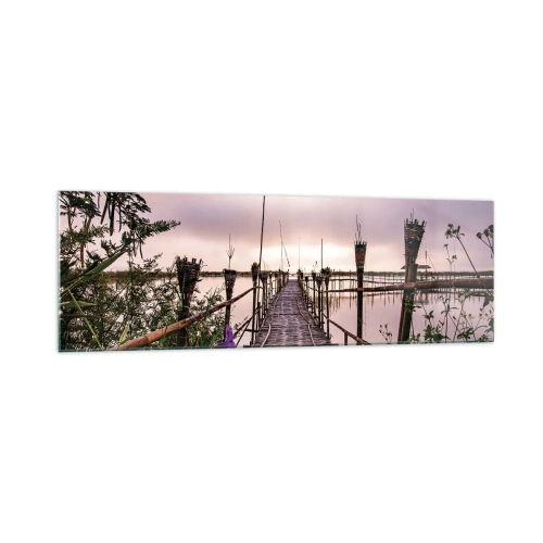 Obraz na szkle - Bambusowy most na wodzie o świcie - 160x50cm - Spokój i cisza Azji - Nowoczesna dekoracja ścienna do salonu i sypialni ARTTOR