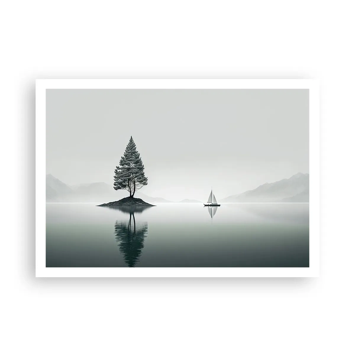 Plakat - Minimalistyczny pejzaż z drzewem na wyspie i żaglówką - 100x70cm - Marzenie senne - Nowoczesna dekoracja ścienna do salonu i sypialni ARTTOR