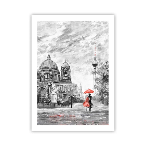 Plakat - Postać z czerwonym parasolem na tle berlińskiej architektury - 50x70cm - Berlińskie spotkanie - Nowoczesna dekoracja ścienna do salonu, kuchni i sypialni ARTTOR