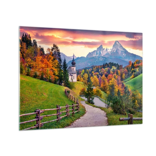 Obraz na szkle - Jesienny pejzaż górski z kościółkiem i drogą prowadzącą przez wzgórza - 70x50cm - Pejzaż jak malowanie - Nowoczesna dekoracja ścienna do salonu i sypialni ARTTOR