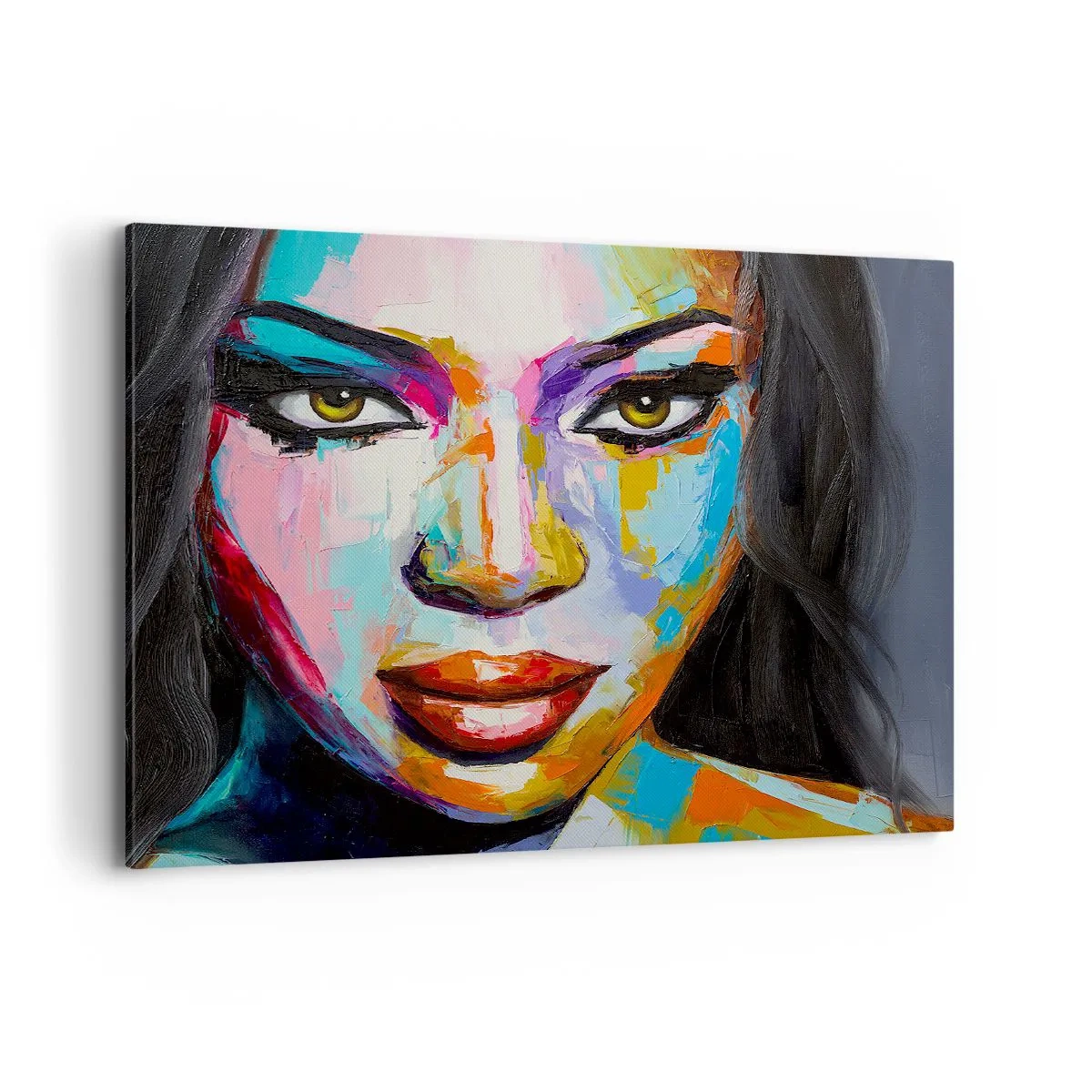 Obraz na płótnie - Kolorowy portret kobiety z intensywnym spojrzeniem - 100x70cm - Nie sposób oderwac oczu - Nowoczesna dekoracja ścienna do salonu, kuchni i sypialni ARTTOR