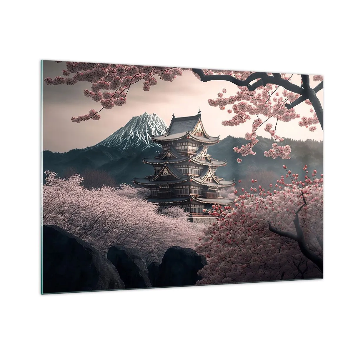 Obraz na szkle - Tradycyjna japońska pagoda wśród kwitnących wiśni i gór - 100x70cm - Kraj kwitnącej wiśni - Nowoczesna dekoracja ścienna do salonu, kuchni i sypialni ARTTOR